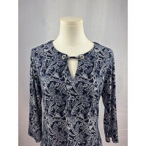 Magnolia Grace Womens Small Blue Paisley Polyester/Spandex Top With Keyhole Deta